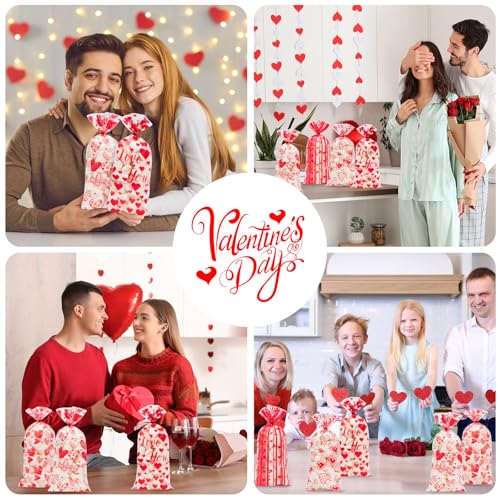 100 Pcs Valentine Treat Bags - Red Heart Cellophane Goodie Bags, Clear Plastic Happy Valentine's Day Cello Candy Gift Bag With Twist Ties for Wedding Anniversary Party Favors Supplies - color: Valentines