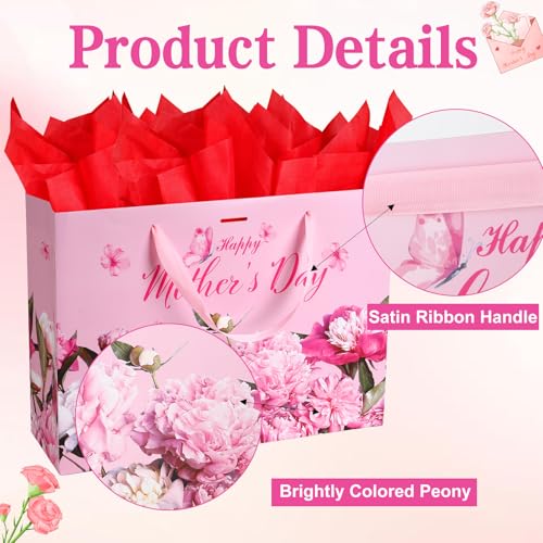 Mothers Day Gift Bag(13.8x9.8x4.2 Inch) with Tissue Paper Greeting Card Large Pink Flower Paper Bags Happy Mother's Day Celebration Gift Wrap Unique Floral Goodie bag Pouch Baggies Mom for Grandma - color: Mothers Gift Bag