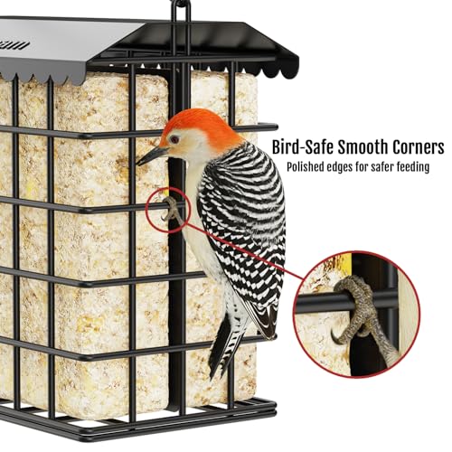 Birdream Double Suet Bird Feeders for Outdoors, All Metal Bird Suet Cakes Cage Holder with Weatherproof Roof, Easy to Refill & Clean, Attract Woodpeckers, Chickadees, Nuthatches, Black