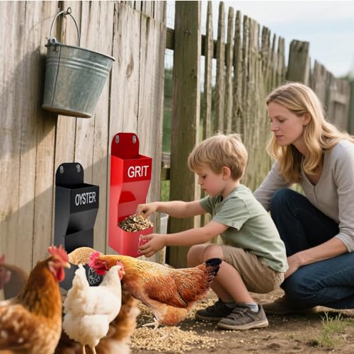 2 Pack Chicken Oyster Shell Feeder and Grit Device, Corner Chicken Feeder, Coop Accessories, Suitable for Hens and Chicks (Black + Red - 2)