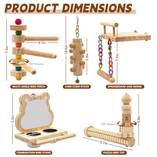 5PCS Bird Perch and Toy Set. Includes a Perch, Feeder, Swing, and Chew Toy. Hangable Natural Solid Wood Birdcage Accessories, Suitable for Small Budgies, Cockatiels, Conures, Lovebirds, Etc.