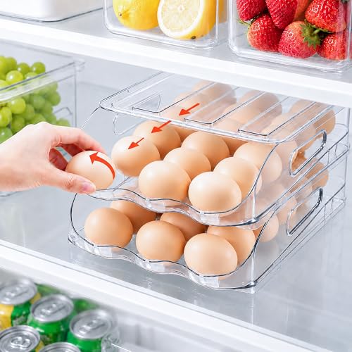 SMRCAD 36-Egg Dispenser with Silicone Bumpers, Auto-Rolling, Stackable | BPA-free food-grade PET | Stackable with lid | Built-in handle | 11.92"L x 8.85"W x 5.4"H | Hand wash only - size: 2 Tier Holder 36 Eggs