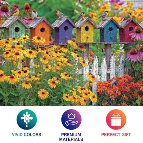 Cross & Glory | 1000 Piece Jigsaw Puzzles for Adults | A Fence Full of Song | Colorful Birdhouses, Garden Flowers & Butterflies | Bright Nature Puzzle | 2mm Thick Pieces | Satin Finish | Ages 14+ - color: A Fence Full of Song