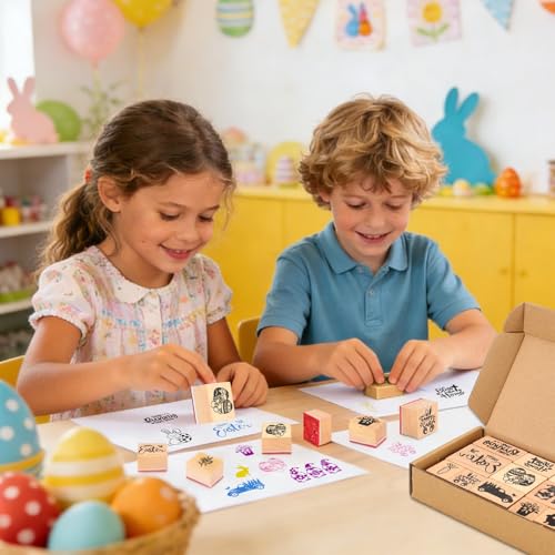 JarThenaAMCS 11 Pcs Easter Wooden Rubber Stamps Spring Tulip Floral Bunny Rabbit Egg Gnome Mixed DIY Craft Stamps for Party Decor Scrapbooking Cards Making - style: Easter
