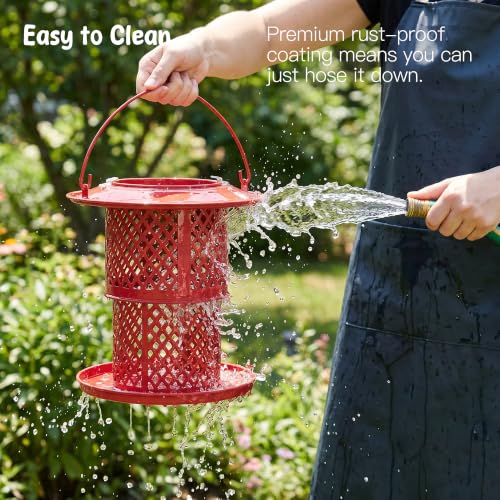 KOL Metal Suet Ball Feeder for Birds – Single-Layer Expandable Design Suet Bird Feeder, Heavy-Duty Wild Bird Feeder with Secure Lid, Large Capacity for Backyard (Red) - color: Red