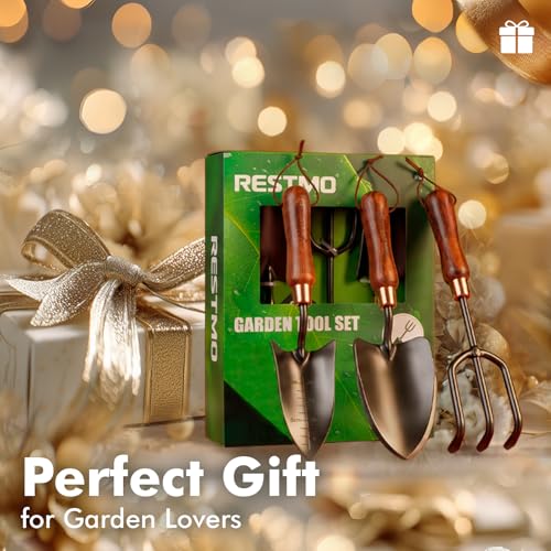 RESTMO Gardening Tools Set, 3-in-1, Carbon Steel, Wooden Handle, Brown | Heavy duty gardening tools kit. Includes trowel, transplanter, cultivator. Ergonomic wooden handle. Ideal gardening gifts. - size: Gardening Tool Set