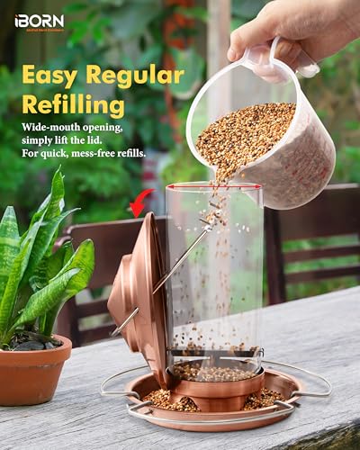 Bird feeders for Outdoors Metal Chew Resistant Copper-Plating, 1PK | Metal Roof, Metal Tray, Fixed Hanger, Flip-Top Fill, 3 Perches, Easy-Clean, 1.32lb - color: Brushed Copper, 1.5LB, 3 Perches