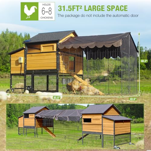 GUTINNEEN Large Chicken Coop with All Around Metal Frame Mobile Hen House with Wheels Weatherproof Duck House with Nesting Box, Outdoor Run, Perch, Leakproof Tray for 6-8 Chickens 85" L - size: 85.6"L x 48.2"W x 48.2"H