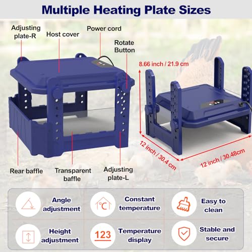 Chick Brooder Heating Plate with Adjustable Temperature, 12"x12" Chicken Brooder Heater for Baby Chicks, Ducklings, Safer Alternative to Heat Lamps, Adjustable Height, 65W Brooder Plate(Blue) - size: 12"x12"