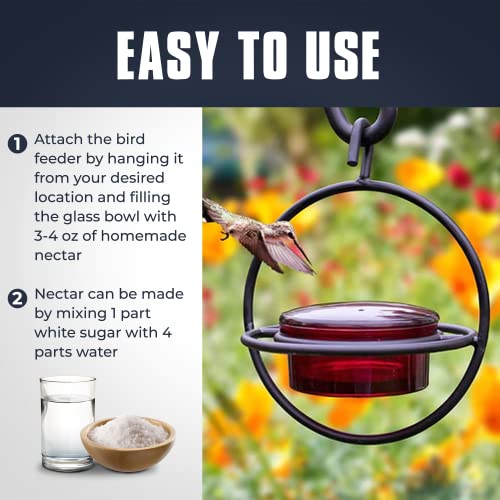 Monarch Abode Hanging Hummingbird Feeders for Outdoors – Single Handcrafted Hanging Glass Hummingbird Feeder with Red Bowl & Perch, Decorative Humming Bird Feeders for Outdoors Garden Patio Deck - color: Black, style: Red Glass Hummingbird Feeder