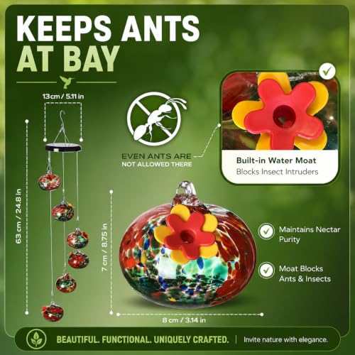 Humming Bird Feeders for Outdoors, Ant Proof Hummingbird Feeder, Weather Resistant Hummingbird Feeder Glass, No Leak Humming Bird Feeder Glasses, Bebedero para Colibri, 6 Hand-Blown Glass Ports