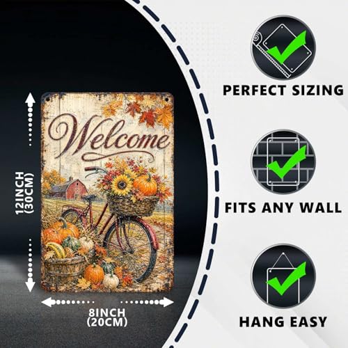 Thanksgiving Fall Bicycle Red Barn Tin Sign Sunflower Pumpkin Farmhouse Wall Decor for Kitchen Dining Room Living Room Porch Entryway and Farmhouse Home Decor 12 * 8In - color: Vintage Thanksgiving Tin Sign 2, size: 20X30cm(12*8in)