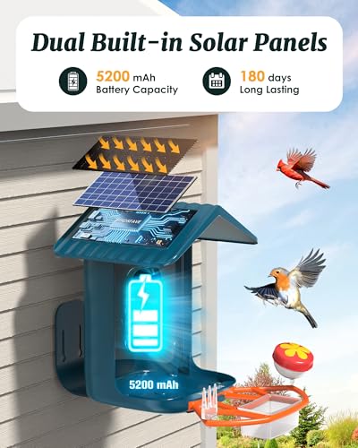 Bird Feeder with Camera Solar Powered 2K Video with 32GB Card Auto Capture | Instant App Alert, AI Identify, Easy Refill, 1.8L Capacity, IP65 Weatherproof, Pole/Bracket Mount, 3 DIY Add-ons, 2.4G Wifi - color: Blue