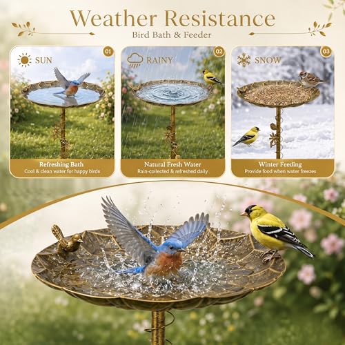 VECELO Antique Gold Metal Bird Bath for Outside, 28.7" Freestanding Pedestal Birdbath with Vintage Butterfly & Bird Decor, 15.4" Bowl Diameter, Easy Assembly Heavy-Duty Iron Garden Decoration