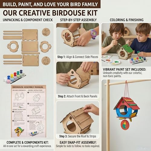 BAGJI TOYS Bird House Kits for Kids Ages 4-8, Wooden DIY Birdhouse Kit, Outdoor Woodworking Crafts Freestyle Painting, Bird Houses for Outside with Paints & Brushes, Boy Girl Gift Christmas