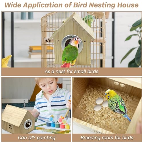 PINVNBY Parakeet Nesting Box Wooden Bird House for Cage Parrot Breeding Mating Box for Lovebirds CockatielFinch Cockatoo Canary and Small and Medium-Sized Birds (L: 7.91 * 6.81 * 6.69 inch) - size: Wood House Shape,L: 7.91*6.81*6.69 inch