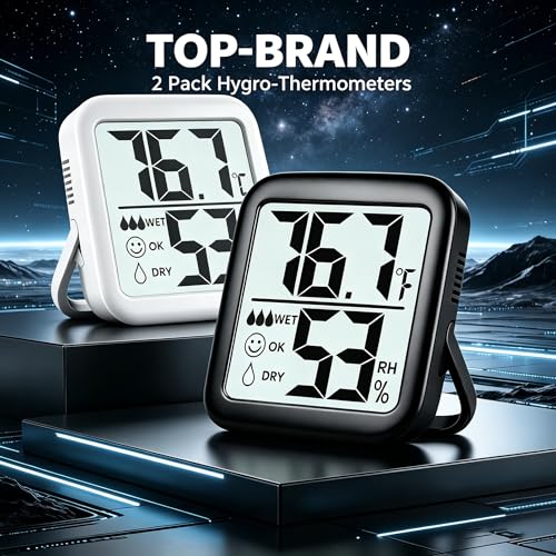 2 Pack Room Thermometer Indoor Hygrometer | Monitor Temperature & Humidity, Accurate, Fast Read, Easy To View, Magnetic/Kickstand/Hanging, ℉/℃, w/ Battery, Compact - color: 2 Pcs* Black & White