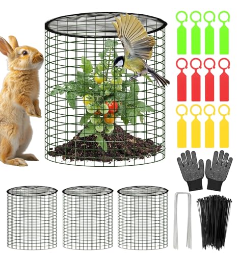 Plant Protector from Animals with Detachable Covers - 4 Pack 16”x 16" Wire Cage Cloches with Ground Stakes and Tools for Protecting Vegetable, Flower, Seedling