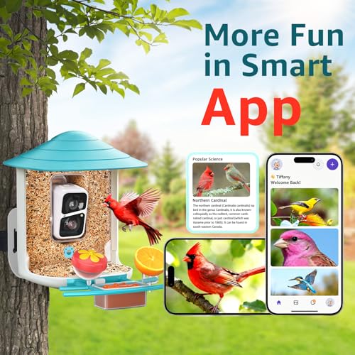 birdsnap® TUC Bird Feeder with Camera Solar Powered 2K Video with 32GB Card | AI Bird Species Identification, Squirrel-Proof, IP65 Waterproof, Outdoor Wireless, 2.4G WiFi, Gift for Mom Dad Bird Lovers - color: Blue