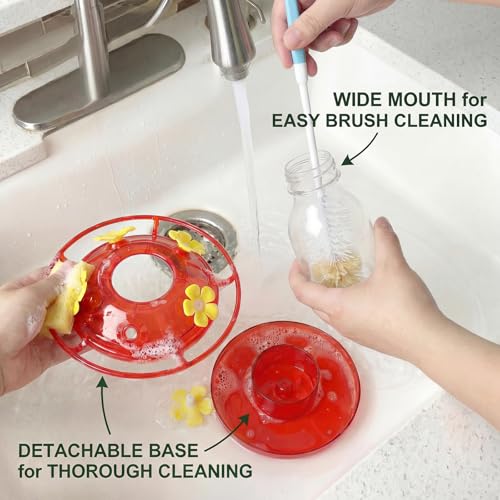 Hummingbird Feeders for Outdoors 2 Pack 12oz Plastic Leakproof | Wide Mouth Easy Clean, Clear Bottle, 5 Feeding Ports, Detachable Base, Weatherproof Hook, Compact for Small Yards