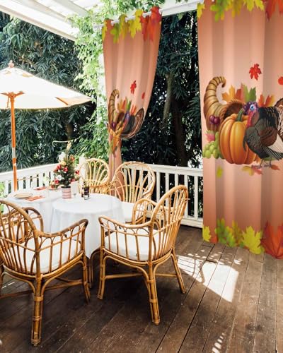 Outdoor Curtain for Patio, Orange Pumpkin Fall Waterproof Blackout Curtain for Porch/Pergola/Gazebo, Thanksgiving Botanical Turkey Thermal Insulated Drapes for Cabana, 1 Panel, 54 x 108 Inch - size: 54"W x 108"L (Pack of 1)