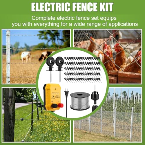 Electric Fence Charger Set 5 Mile 110VAC 0.25 Joule Electric Plug in Fence to Contain Chickens Pet Poultry 80 Black Insulator and 1 Socket Tool 985ft Aluminum Wire for Garden Pond Protection - style: 0.25 Joule