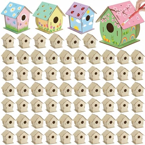 DoubleFill 60 Pcs Wooden Bird Houses Bulk for Kids Unfinished Wood Birdhouses for Children Wood Craft Project Kits for DIY Wooden Arts and Crafts for Summer VBS Crafts