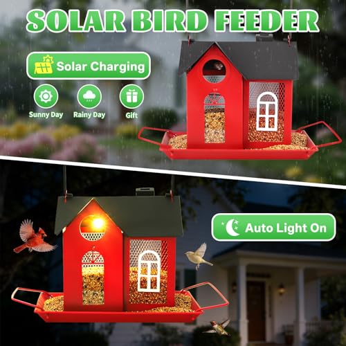 Solar Bird Feeder for Outdoors - Red Metal Hanging Bird Feeder with Solar Light, Decorative for Wild Cardinals, Finches, Weatherproof Backyard Garden Decor Ideal Gift for Women Mom Grandma - color: Red