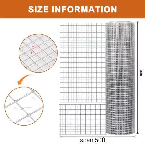Hardware Cloth, 1/2 inch 36inx50ft 21GA Hot-dip Galvanized Wire Mesh, Wire Fence, Chicken Wire Mesh,Poultry Farming, Garden Fence,Wire Mesh, Tree Protection, Gopher Wire, Rabbit Wire. - size: 36inx50ft