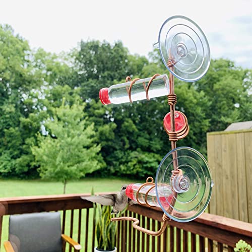 Window Hummingbird Feeder | Handcrafted Copper and Aluminum | Multiple Stations | Modern Hummingbird Feeder | Glass Bottles | Suction Cups (Copper, Three Station) - size: Three Station - Standard Perch