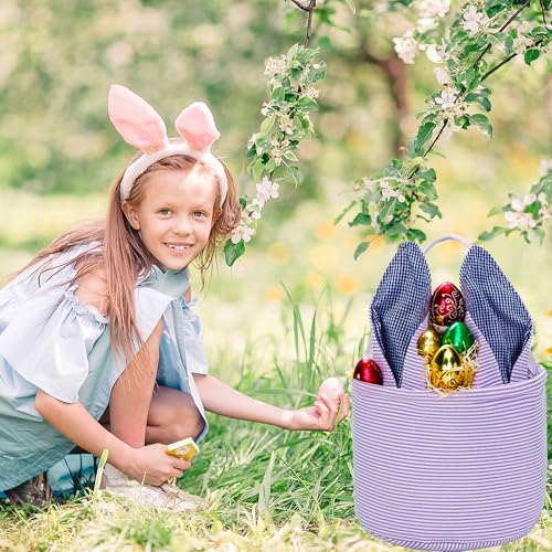Easter Basket Seersucker Egg Hunt Bunny Baskets for Kids with Cute Rabbit Ears Stripe Storage Gifts Candies Personalized Easter Party Gifts.…… - color: Bspurple0