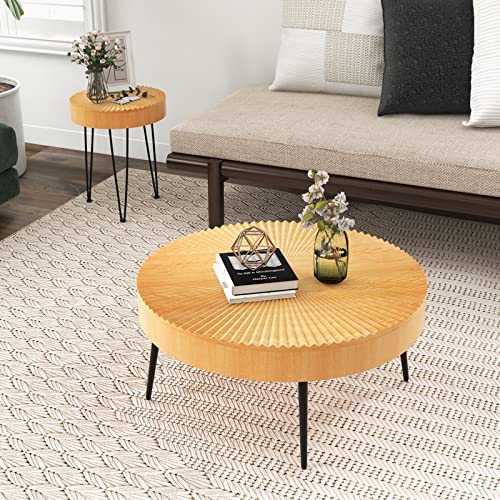 COSTWAY Farmhouse Round Coffee Table Set of 2, Rustic Sofa Side Tea Tables w/Wood Finish, Metal Frame, Adjustable Foot Pads, Nesting End Table Set for Living Room, Bedroom (Radial Pattern, Natural) - color: Natural, style: Radial Pattern