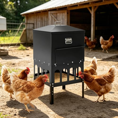 16-Ports Large Chicken Feeder with Grille & Baffle, No Waste Feeder | 80-100LBS Gravity Automatic Feeder with Sloped Roof Lid, Rainproof Heavy-Duty Poultry Feeder for All Poultry