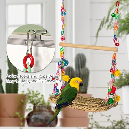 Natural Bird Swing Toys with Wood Perch, Double Layer Bird Seagrass Woven | Climbing Hammock with Chewable Perch Stand Chewing Toy for Parakeets, Budgies, Conures, Cockatiels, Lovebirds