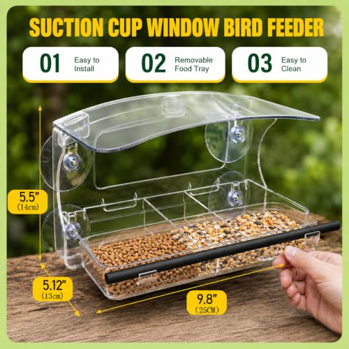 Window Bird Feeder Outdoor with 3 Feeding Compartments | Bird feeders with strong suction cups ，Squirrel Proof Clear Acrylic backyard birding & wildlife, Wild Bird Watching Gift