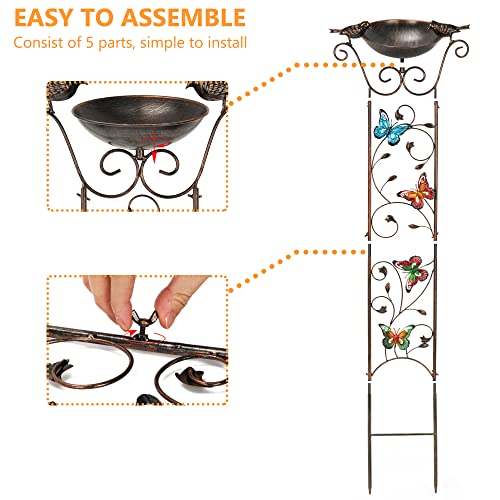 Bird Bath for Outside, Freestanding Birdbath and Trellis 2 in 1 | 43.5 In, Antique Iron, Rust-Proof, Decorative with Butterflies, Detachable Drinking Basin Bowl, Birdfeeder Station - color: Butterfly