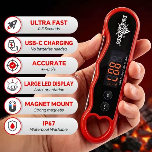0.3s Fast Read Meat Thermometer – USB-C Rechargeable,Red | Digital instant read for BBQ, baking, and candy –no batteries needed - color: Red