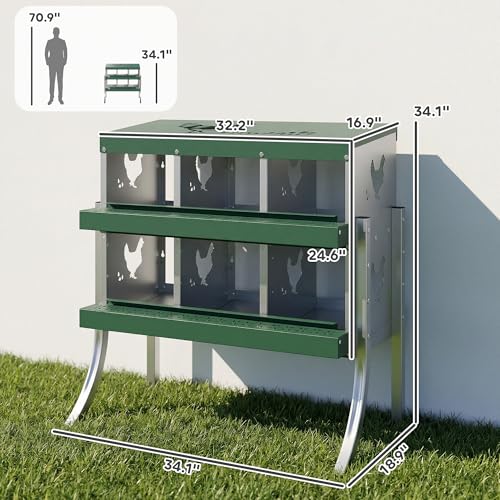 PawHut Chicken Nesting Boxes 6 Compartment for Hens Ducks, Silver | Two-Tier Egg Laying Boxes, Vented Holes, Easy Egg Collection, Metal Nesting Boxes for Chickens - size: 34.1"L x 18.9"W x 34.1"H, style: Roll Away