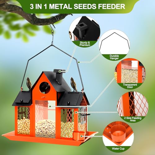 Solar Bird Feeders for Outdoors Hanging, Bird Houses for Outside | Orange,Wild Metal Bird Feeder,7LBS Large Capacity with Water Cup,Squirrel Proof Cardinal Bird feeder,Gift for Bird Lovers - color: Orange