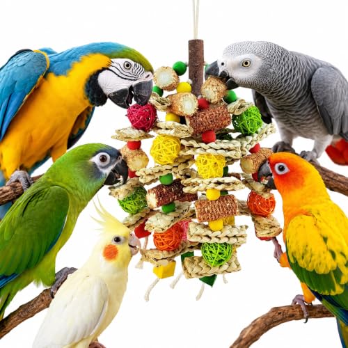Parrot Chew Toy, Natural Material Bird Foraging Toy for Conures, Quaker Parrots, Medium-Sized Birds - Colorful Hanging Shredding Toy with Woven Ball, Corn Cob and Wooden Beads - color: Colorful, size: Large