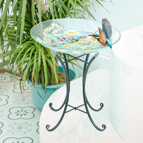 Glass Bird Bath with Metal Stand, Outdoor Garden Feeder, Hummingbird | Glass Large Bird Baths Bowl with Metal Stand for Outdoors, Hummingbird Patterns Bird Feeder for Outside Garden, Patio Decor - color: Hummingbird