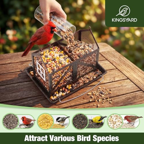 Kingsyard Metal Bird Feeder for Outdoors Hanging, 2-in-1 Wild Bird Feeder with Seed Tray & Built-in Perch, 5 lb Large Capacity for Cardinal Chickadee Finch, Black