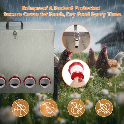 100LB Automatic Chicken Feeder with Cover – Large Capacity Metal Chicken Coop Feeder with 12 Feed Ports, Adjustable Legs Rainproof No Waste Outdoor Poultry Feeder for Hens & Free Range Flocks - size: 100LBS