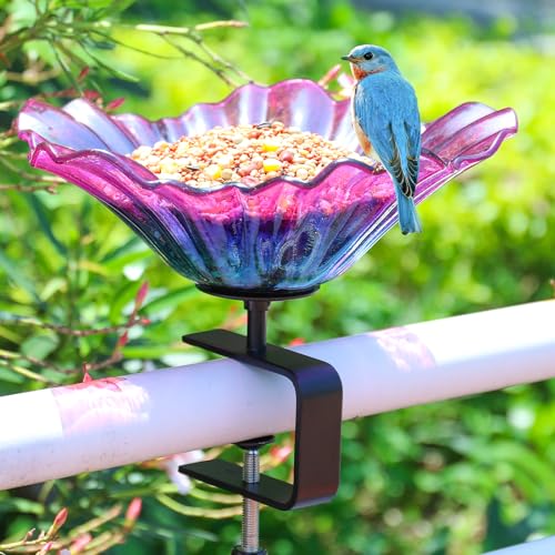 Deck Mounted Bird Baths for Outdoors, Glass BirdBath Bowl for Garden | Purple Glass Bird Baths Bowl with Adjustable Sturdy Steel Fence Clamp for Garden Patio Lawn Yard Deck Balcony Railing - color: Purple