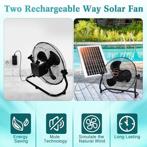 Tujoe 15000Mah 12 Inch Solar Panel Powered Fan, 2 in 1 Solar Panel or AC Charger Powered Fan 12W 9V Portable for Chicken Coop Greenhouse Household Exhaust Camping Travel Outdoor(Black)