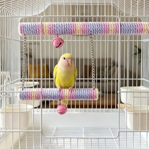 Bird Swing for Cage, Dual-Layer Parakeet Swing | Rainbow Cotton Rope, Bells, Hanging Decor