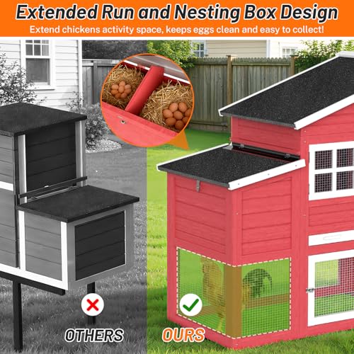 84.7''L Chicken Coop, Large Poultry Cage for 4-6 Chickens, Outdoor Hen House Design with Nesting Box, Weatherproof Roof and Leakproof Pull-on Tray, Easy to Install＆Clean(Red) - color: Red