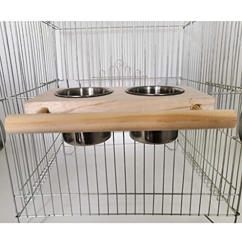 2 in 1 Bird Perch Feeder Stainless Steel Feeding Cups Water Bowls with Wood Perch Stand Platform for Small Birds