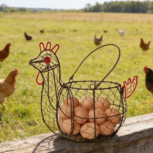 Rooster Shaped Chicken Wire Egg Basket for Gatheirng Fresh Egg | Chicken Egg Basket,Metal Egg Collecting Basket with Handle, Farmhouse Countertop Decor, Chicken Coop& Kitchen