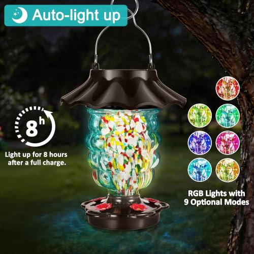 LUJII Solar Hummingbird Feeder for Outdoor Hanging, RGB Illuminated Hand-Blown Glass Lantern, 35 fl.oz, Leak-Free & Rust-Resistant, Metal Cap with 5 Feeding Ports, Pineapple Design, Teal - color: Teal
